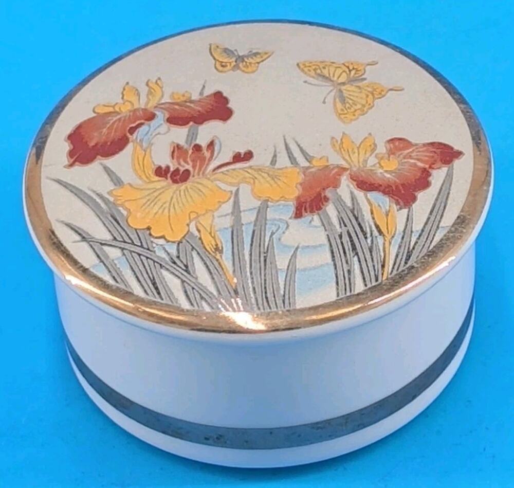 Vtg Art of Chokin 24K Gold Trim Fine China Butterfly Floral Iris Jewelry Box...